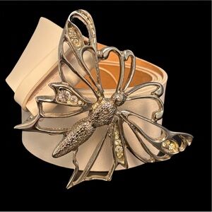 Vintage Garuglieri White Italian Leather Belt with Silver Butterfly Buckle, Lg